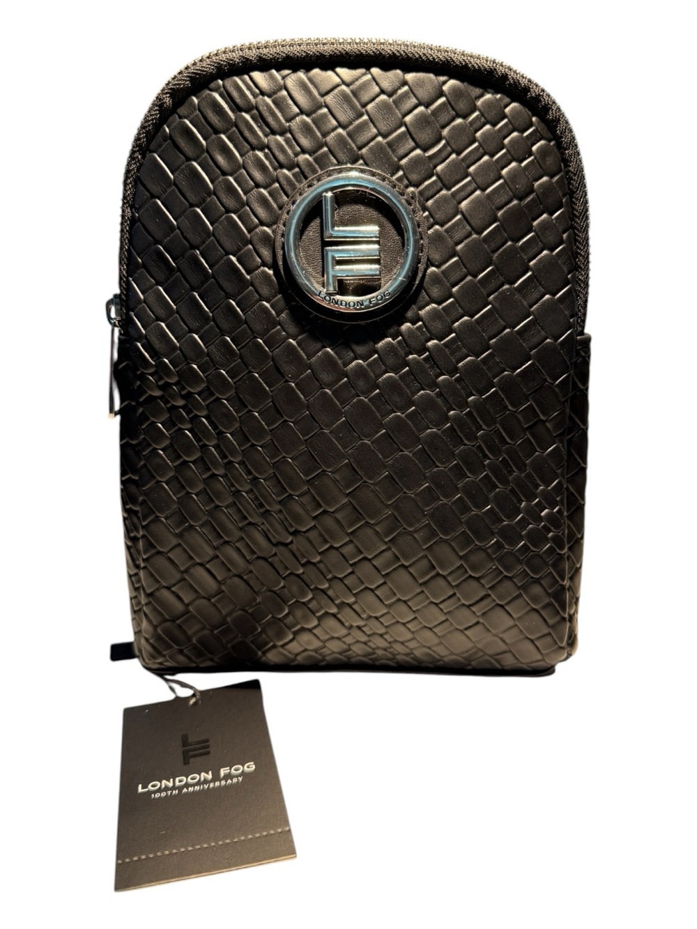 London Fog Broadway Double Compartment Woven Sling Bag – Black | NWT